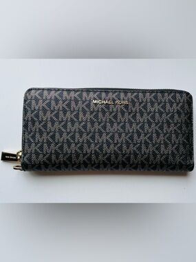 Michael Kors Black Leather Zip-Around Wallet with Gold Hardware